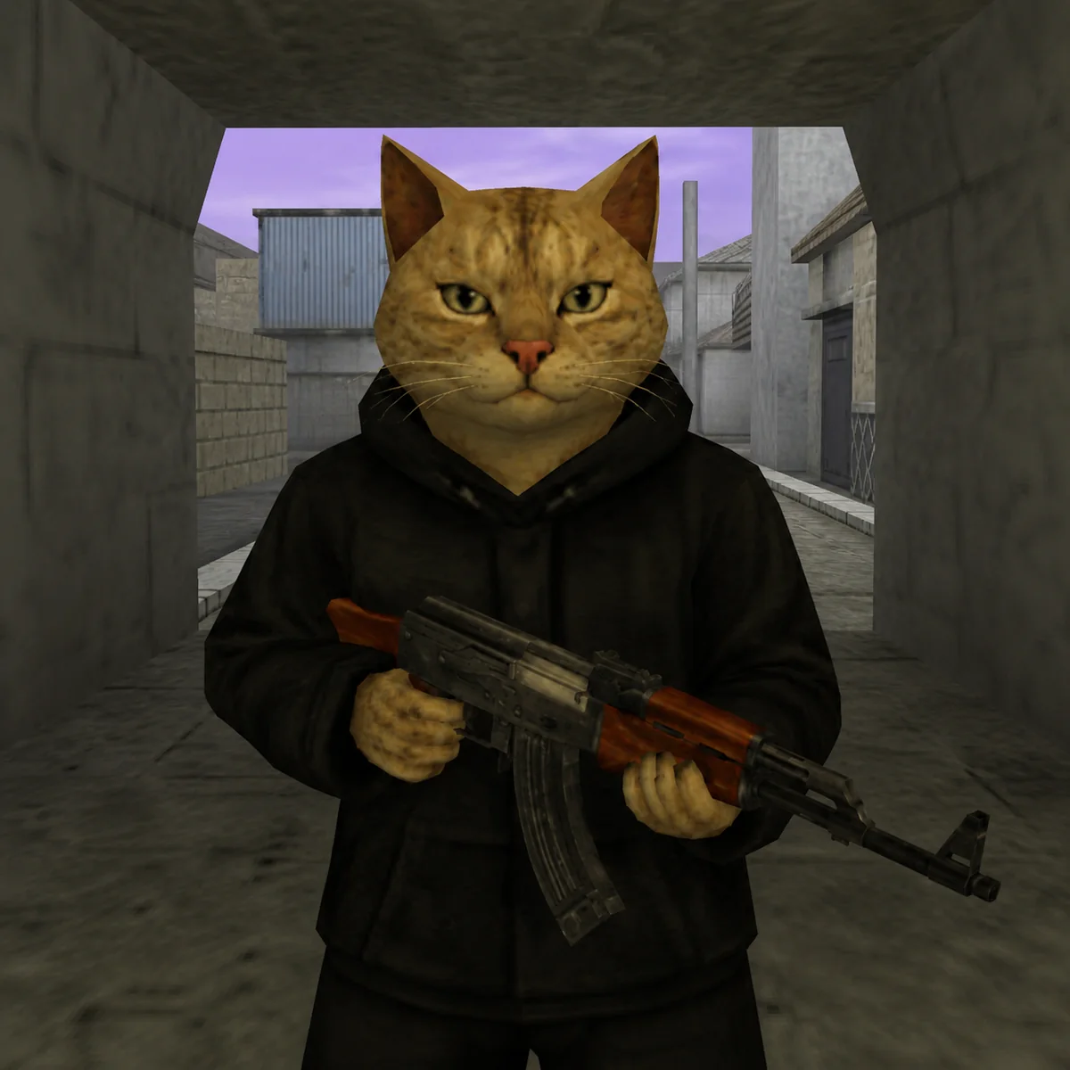 cat wif ak standing in the mouth of an underpass